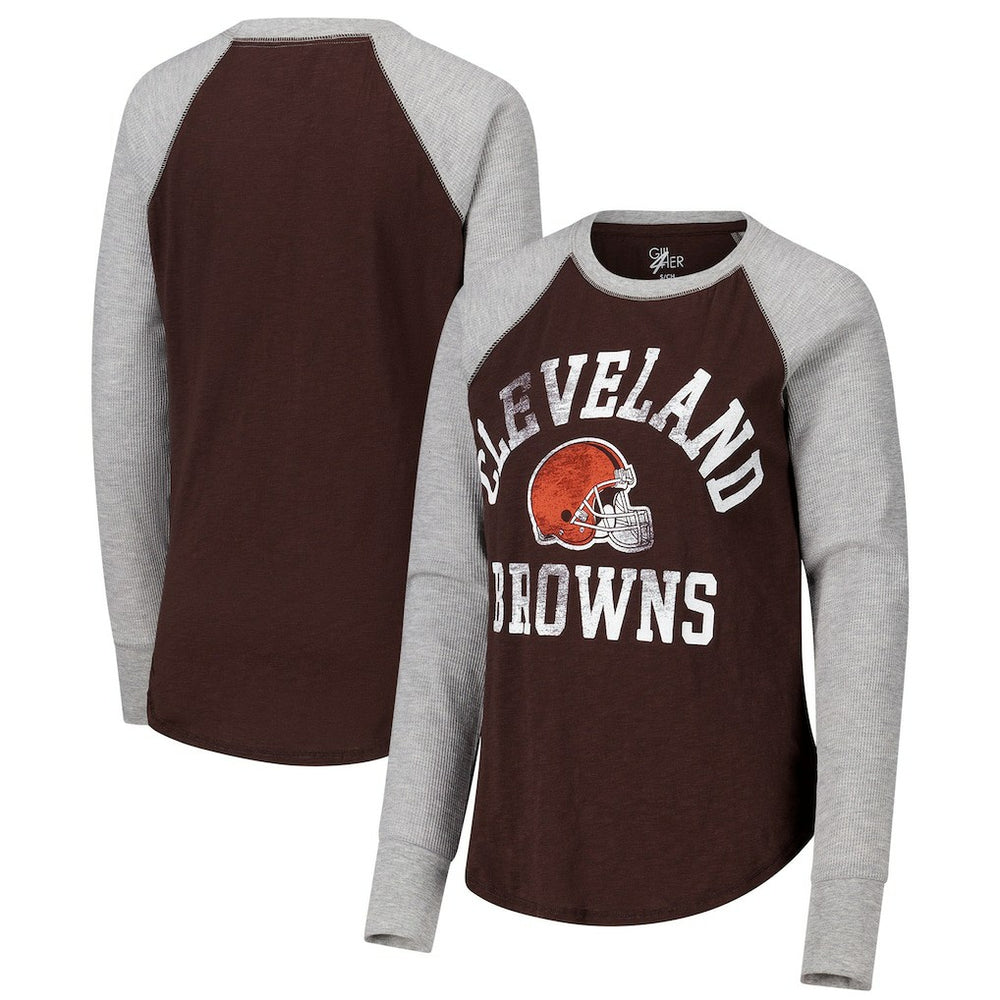 Cleveland Browns G-III 4Her by Carl Banks Women's Waffle Knit Raglan Long Sleeve T-Shirt - Brown/Heather Gray T-shirts