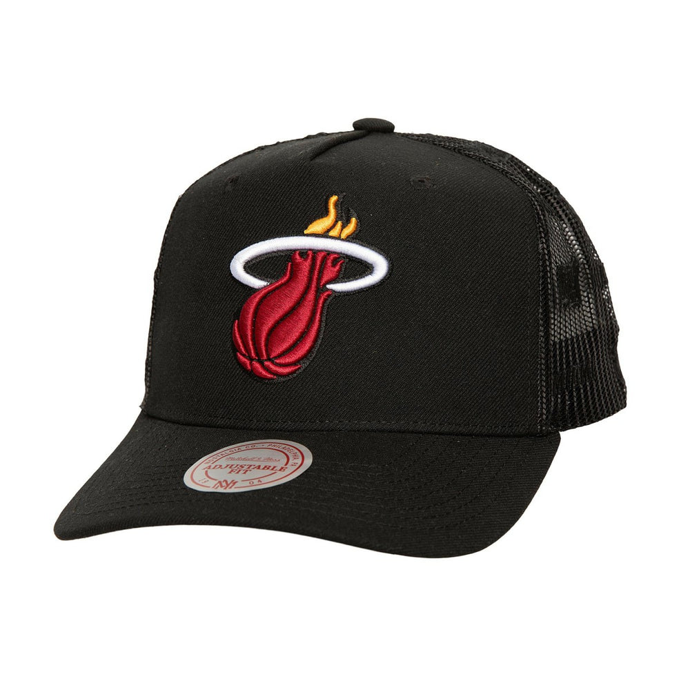 Miami Heat Monogram Allover Logo Mesh Trucker Adjustable Hat Black - Mitchell & Ness