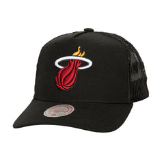 Miami Heat Monogram Allover Logo Mesh Trucker Adjustable Hat Black - Mitchell & Ness