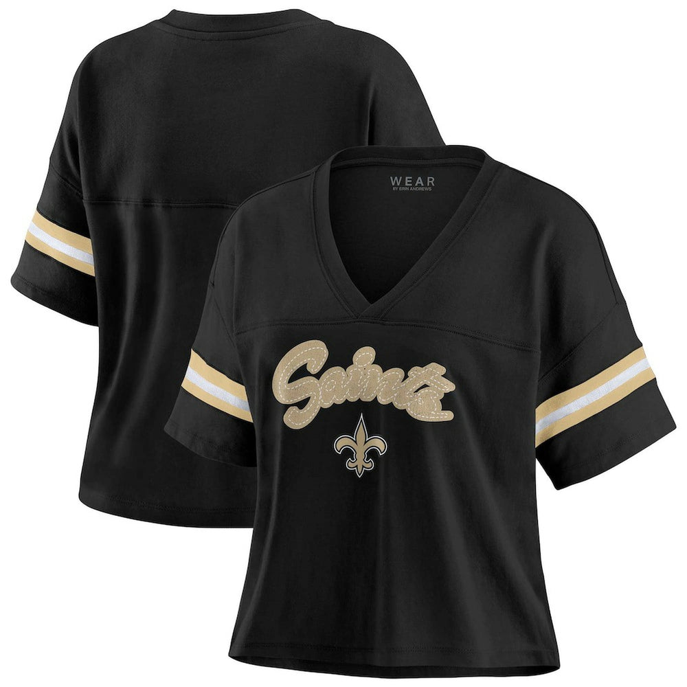 New Orleans Saints WEAR by Erin Andrews Women's Plus Size Color Block Boxy V-Neck T-Shirt - Black T-shirts