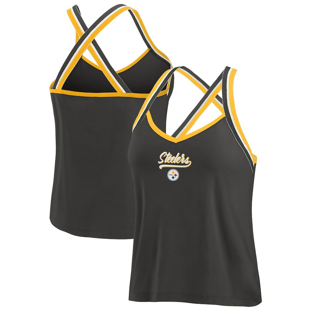 Pittsburgh Steelers WEAR by Erin Andrews Women's Cross Strap Tri-Blend Tank Top - Black Tops