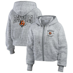 Cincinnati Bengals WEAR by Erin Andrews Women's Speckled Fleece Cropped Full-Zip Hoodie - Heather Gray Hoodies