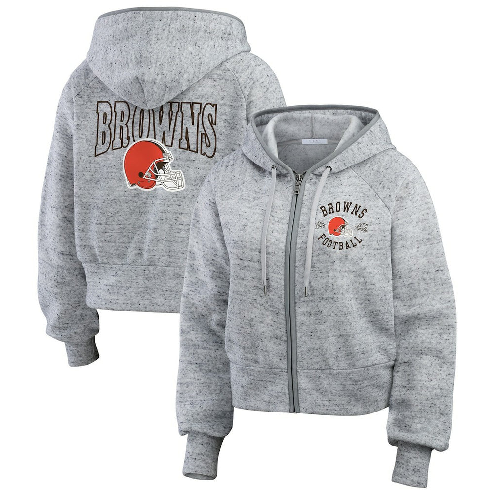 Cleveland Browns WEAR by Erin Andrews Women's Speckled Fleece Cropped Full-Zip Hoodie - Heather Gray Hoodies
