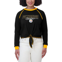 Pittsburgh Steelers WEAR by Erin Andrews Women's Tie-Front Long Sleeve T-Shirt - Black T-shirts