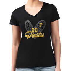 Pittsburgh Pirates G-III 4Her by Carl Banks Women's Super-Slim Fit Lightweight Leopard Heart V-Neck T-Shirt - Black T-shirts