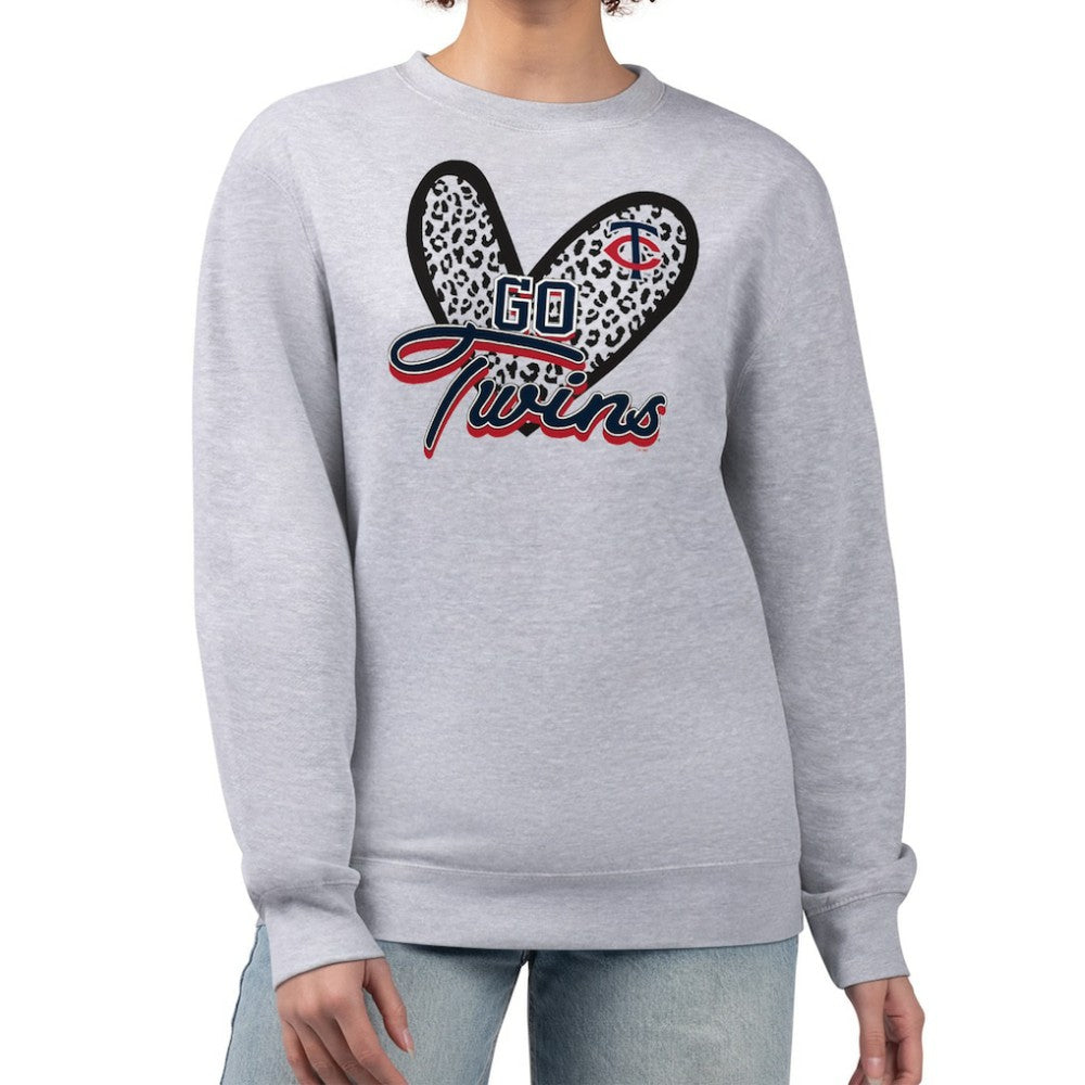 Minnesota Twins G-III 4Her by Carl Banks Women's Leopard Heart Pullover Sweatshirt - Heather Gray Pullover