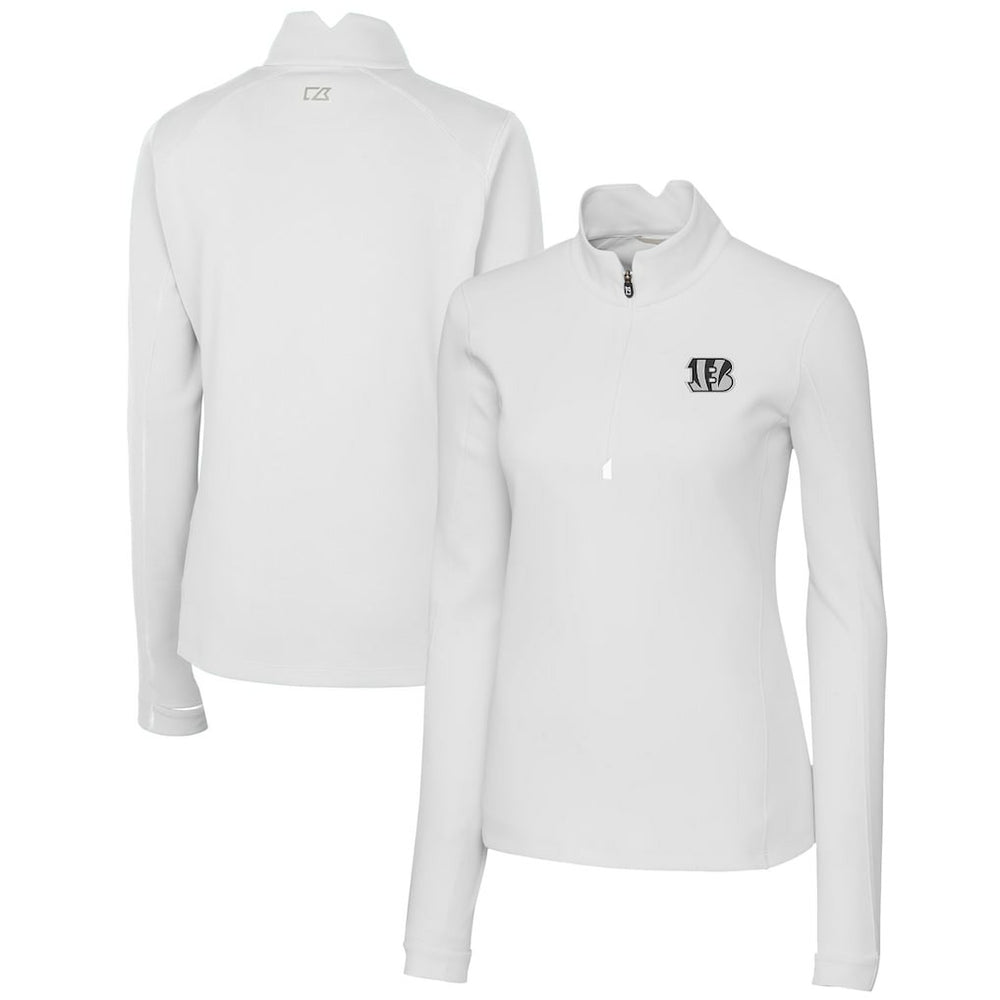 Cincinnati Bengals Cutter & Buck Women's Traverse Stretch DryTec Quarter-Zip Top - White Tops