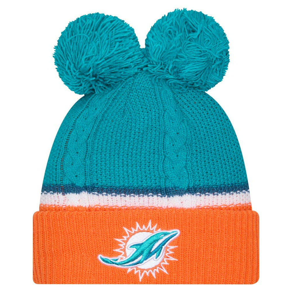 Miami Dolphins New Era Women's Double Bubble Cuffed Knit Hat with Poms - Aqua Hats
