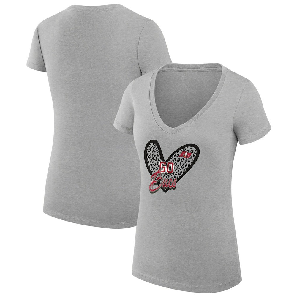Tampa Bay Buccaneers G-III 4Her by Carl Banks Women's Super-Slim Fit Lightweight Leopard Heart V-Neck T-Shirt - Heather Gray T-shirts