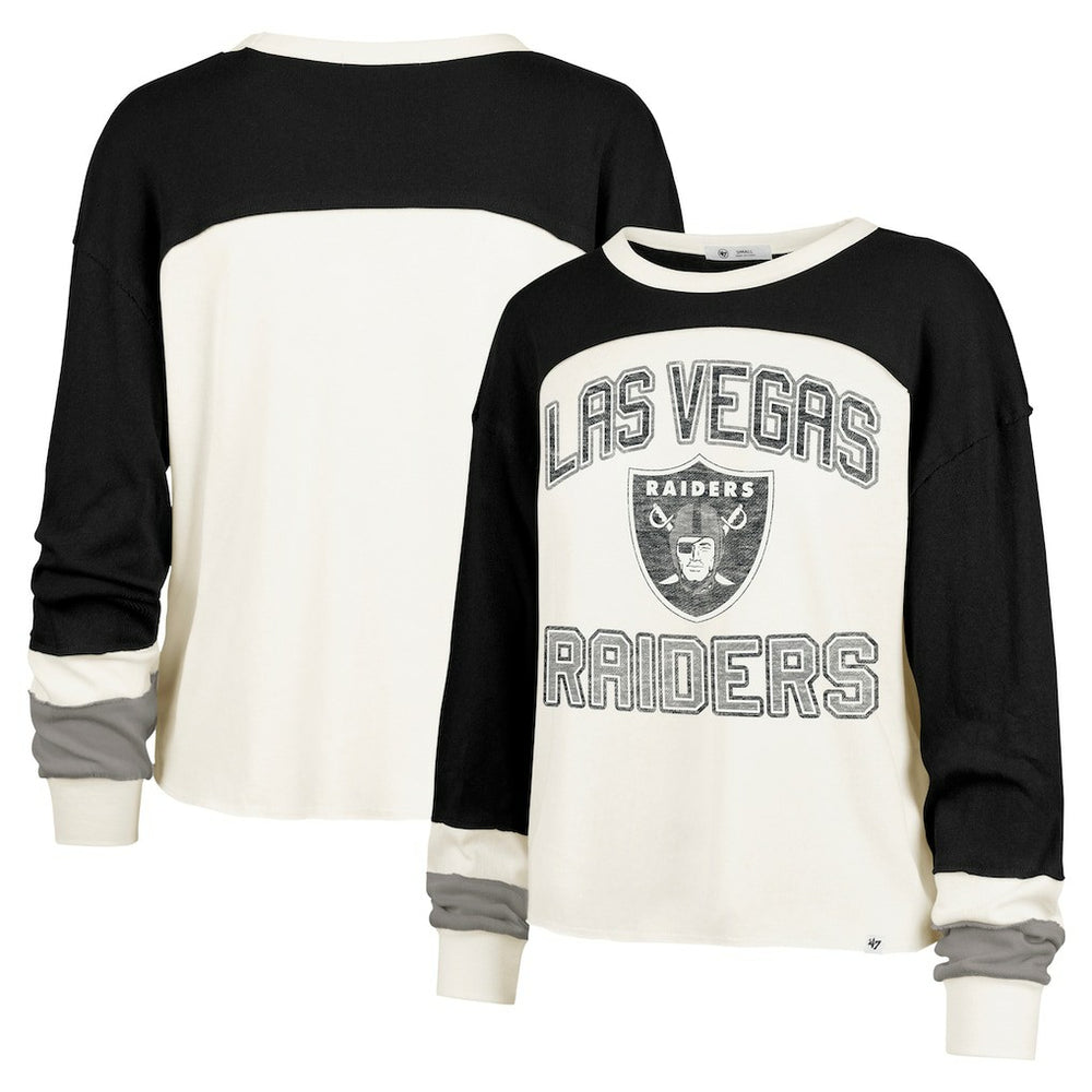 Las Vegas Raiders '47 Women's Double Header Curve Raglan Long Sleeve Crop Top - Cream Tops