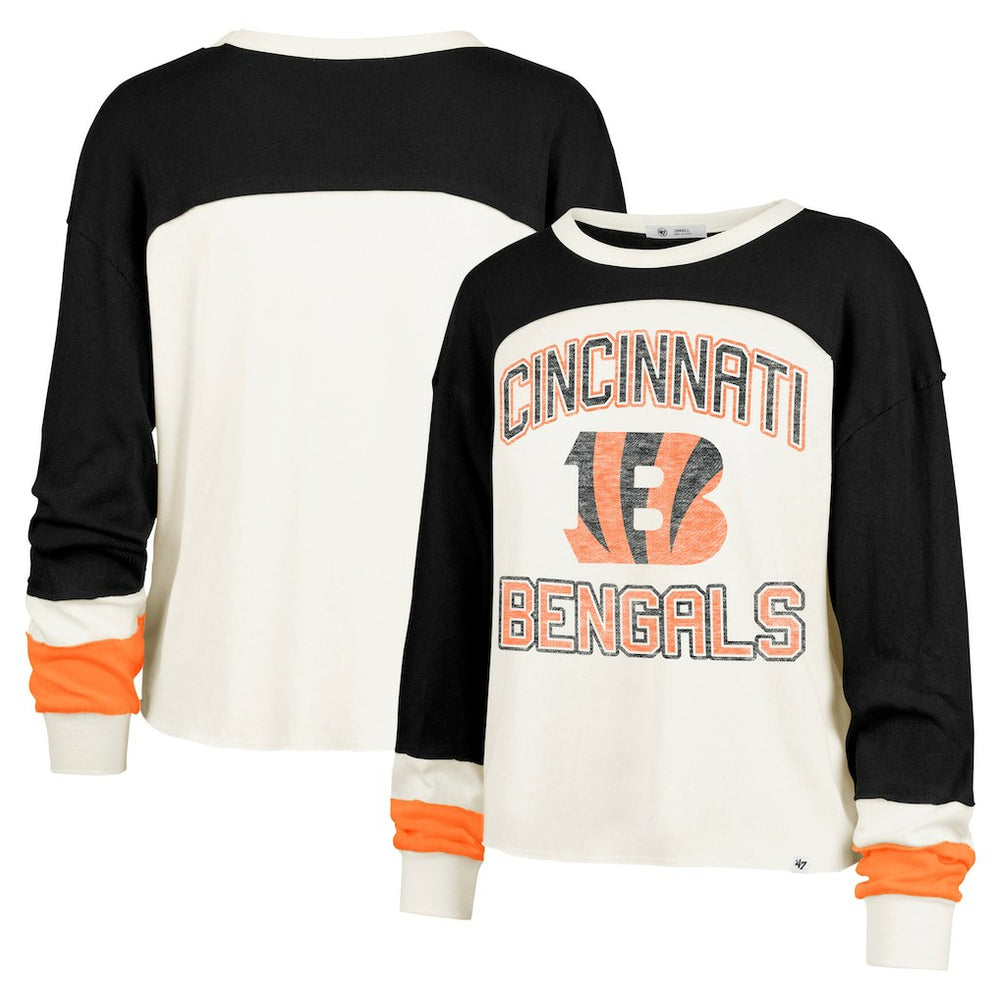Cincinnati Bengals '47 Women's Double Header Curve Raglan Long Sleeve Crop Top - Cream Tops