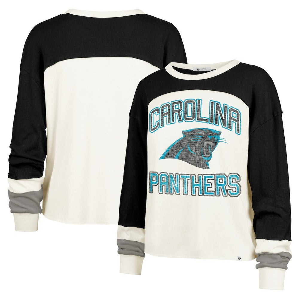 Carolina Panthers '47 Women's Double Header Curve Raglan Long Sleeve Crop Top - Cream Tops