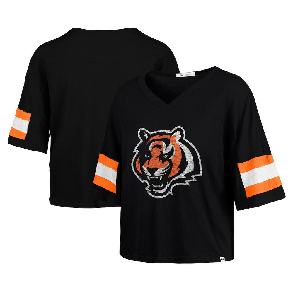 Cincinnati Bengals '47 Women's Double Header Scout Cropped V-Neck T-Shirt - Black T-shirts