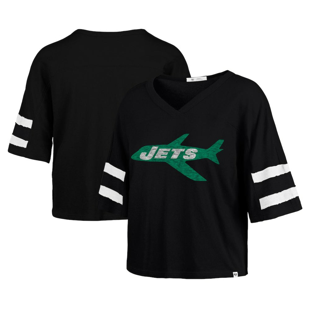 New York Jets '47 Women's Double Header Scout Cropped V-Neck T-Shirt - Black T-shirts