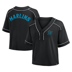Miami Marlins Fanatics Women's Oversized Champ Game Cropped V-Neck T-Shirt - Black T-shirts