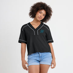 Miami Marlins Fanatics Women's Oversized Champ Game Cropped V-Neck T-Shirt - Black T-shirts