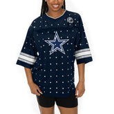 Dallas Cowboys Gameday Couture Women's Kickoff Time Allover Rhinestone Sports Stripe Jersey V-Neck T-Shirt - Navy T-shirts