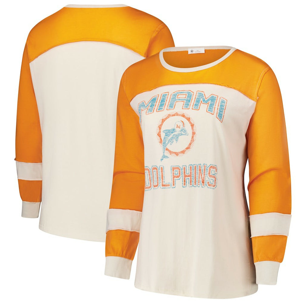 Miami Dolphins '47 Women's Plus Size Double Header Curve Toni Long Sleeve T-Shirt - Cream/Orange T-shirts