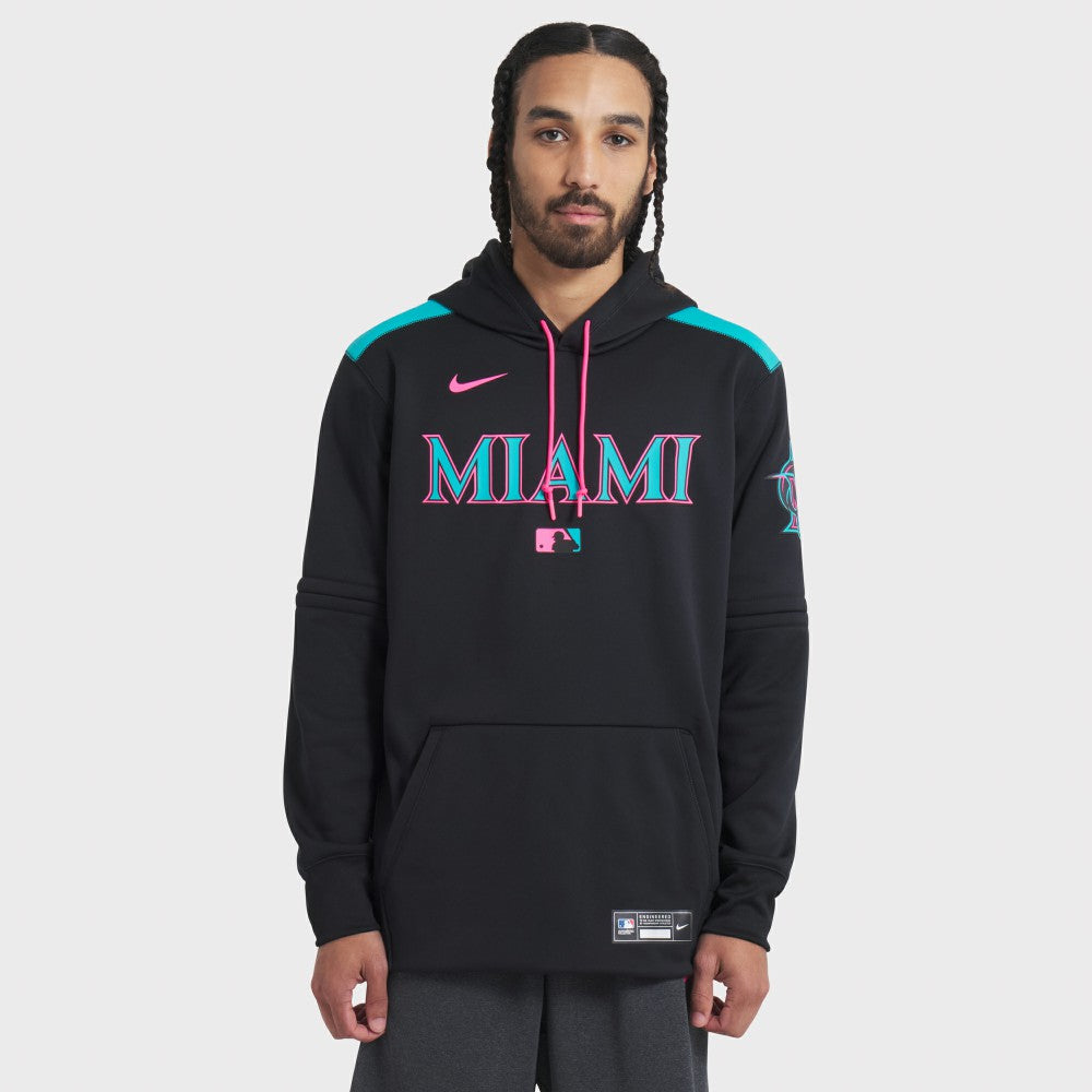 Miami Marlins Nike 2025 City Connect Authentic Collection Therma Pullover Hoodie - Black Hoodies