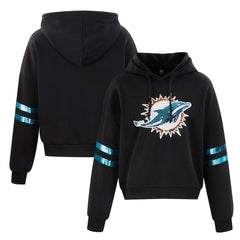 Miami Dolphins Cuce Women's Cropped Sequins Pullover Hoodie - Black Hoodies