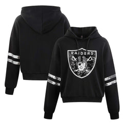 Las Vegas Raiders Cuce Women's Cropped Sequins Pullover Hoodie - Black Hoodies