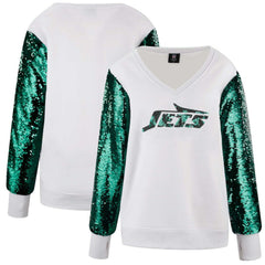 New York Jets Cuce Women's Sequin Sleeve V-Neck Pullover Sweatshirt- White - White Pullover