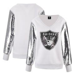 Las Vegas Raiders Cuce Women's Sequin Sleeve V-Neck Pullover Sweatshirt- White - White Pullover