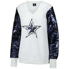 Dallas Cowboys Cuce Women's Sequin Sleeve V-Neck Pullover Sweatshirt- White - White Pullover