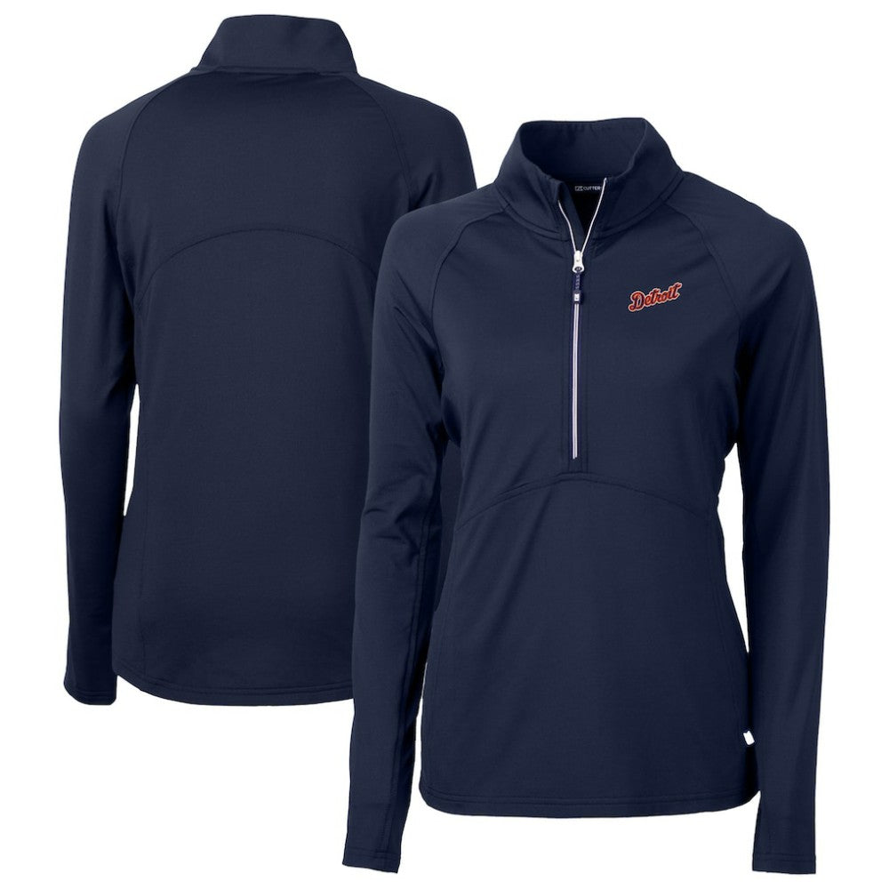 Detroit Tigers Cutter & Buck Women's DryTec Adapt Eco Knit Stretch Recycled Raglan Half-Zip Top - Navy Tops