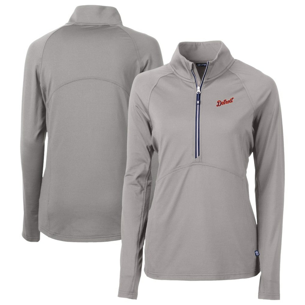 Detroit Tigers Cutter & Buck Women's DryTec Adapt Eco Knit Stretch Recycled Raglan Half-Zip Top - Gray Tops