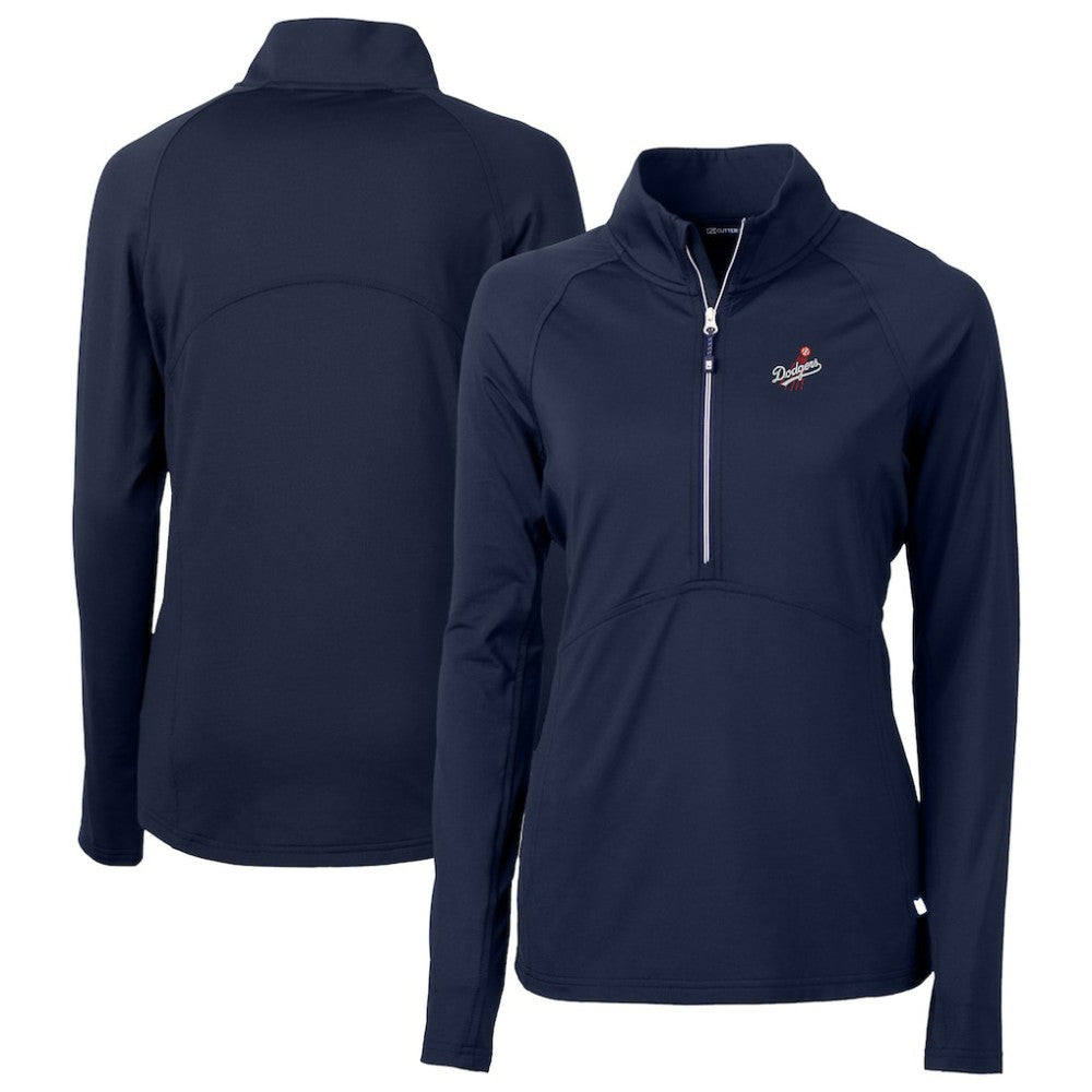 Los Angeles Dodgers Cutter & Buck Women's DryTec Adapt Eco Knit Stretch Recycled Raglan Half-Zip Top - Navy Tops
