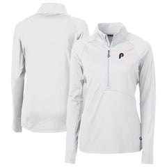 Philadelphia Phillies Cutter & Buck Women's Cooperstown Collection DryTec Adapt Eco Knit Stretch Recycled Raglan Half-Zip Top - White Tops