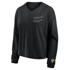 Pittsburgh Penguins Fanatics Women's Oversized All Out Effort Long Sleeve Henley T-Shirt - Black | US 201742853