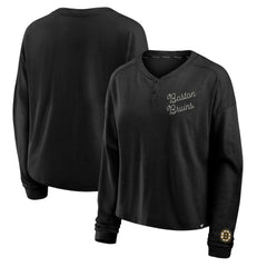 Boston Bruins Fanatics Women's Oversized All Out Effort Long Sleeve Henley T-Shirt - Black | US 201742859