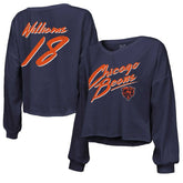 Caleb Williams Chicago Bears Majestic Threads Women's Name & Number Off-Shoulder Script Cropped Long Sleeve Relaxed V-Neck T-Shirt - Navy T-shirts