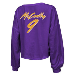 J.J. McCarthy Minnesota Vikings Majestic Threads Women's Name & Number Off-Shoulder Script Cropped Long Sleeve V-Neck T-Shirt - Purple T-shirts