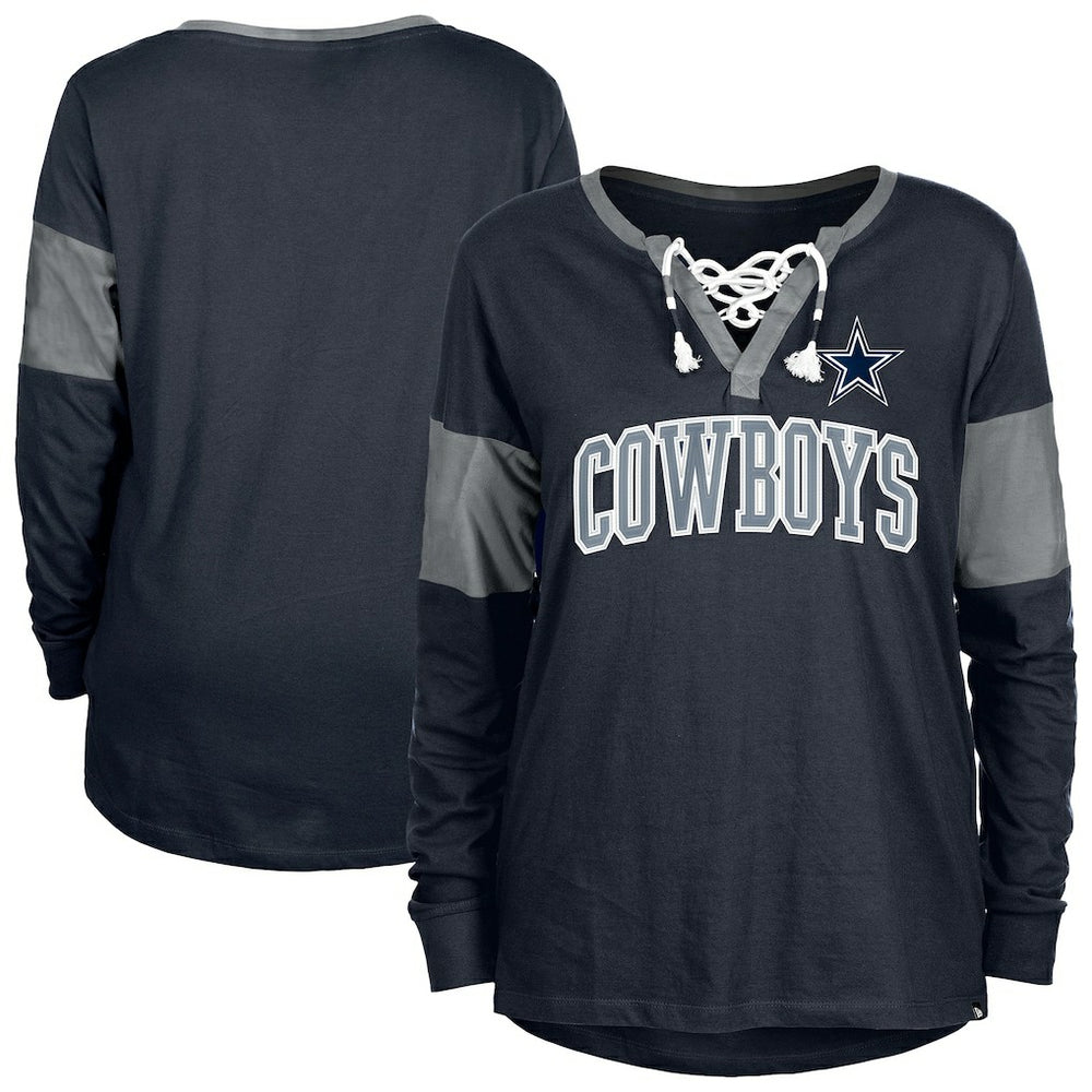 Dallas Cowboys New Era Women's Lace-Up Notch-Neck Long Sleeve T-Shirt - Navy T-shirts