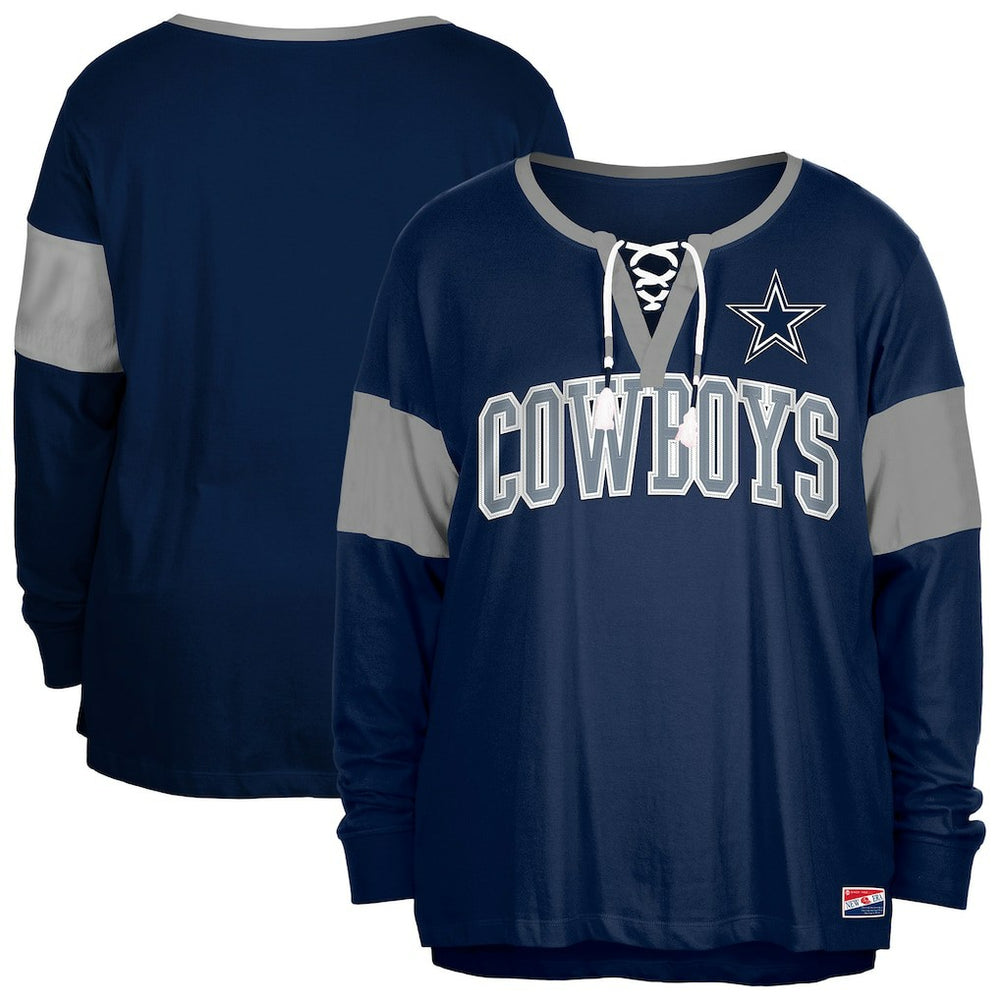 Dallas Cowboys New Era Women's Plus Size Lace-Up Notch Neck Long Sleeve T-Shirt - Navy T-shirts