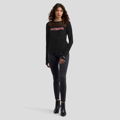 New England Patriots WEAR by Erin Andrews x Gracie Hunt Women's Mesh Panel Long Sleeve T-Shirt - Black T-shirts