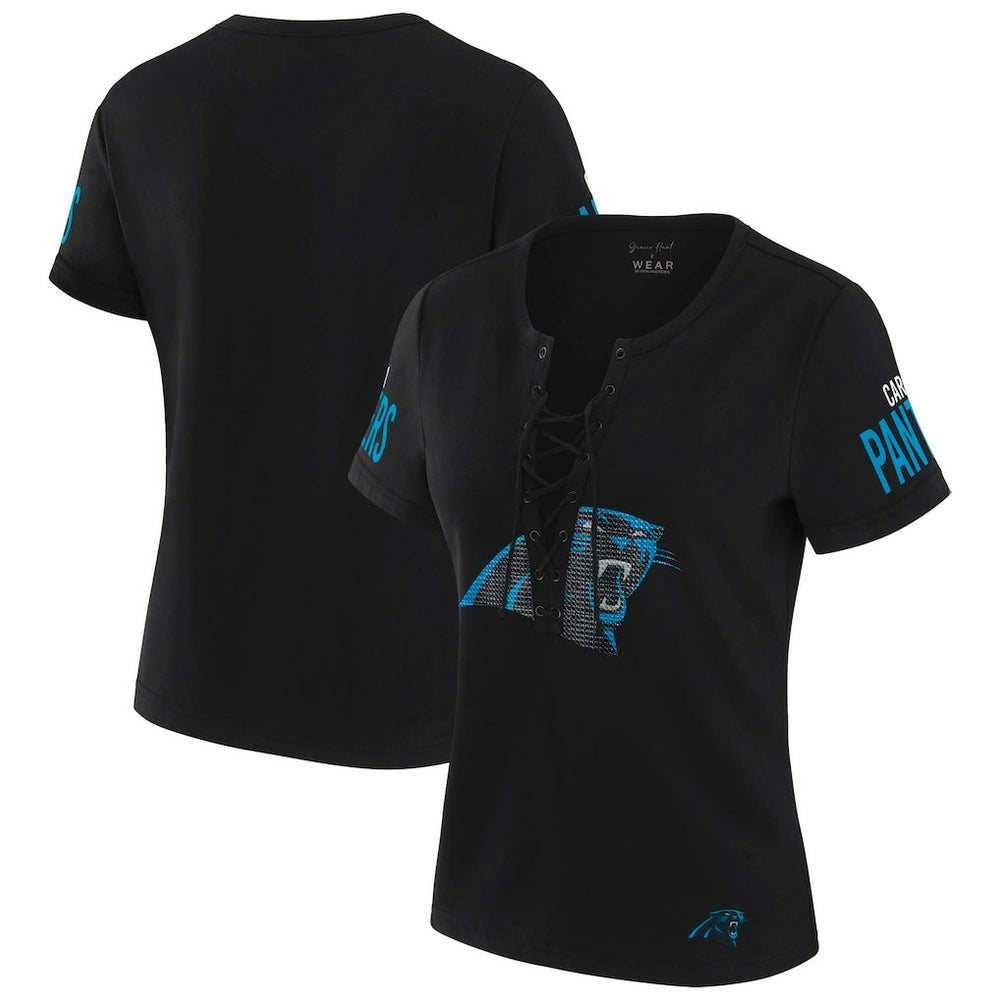 Carolina Panthers WEAR by Erin Andrews x Gracie Hunt Women's Draft Me Lace-Up T-Shirt - Black T-shirts