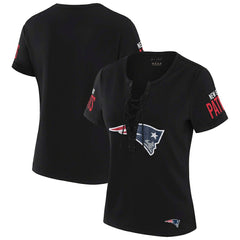 New England Patriots WEAR by Erin Andrews x Gracie Hunt Women's Draft Me Lace-Up T-Shirt - Black T-shirts