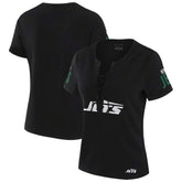 New York Jets WEAR by Erin Andrews x Gracie Hunt Women's Draft Me Lace-Up T-Shirt - Black T-shirts