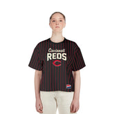 Cincinnati Reds New Era Women's Cooperstown Collection Multiplier Pinstripe Cropped T-Shirt - Black T-shirts
