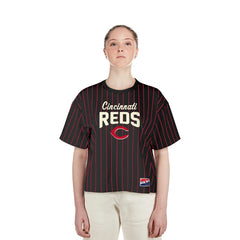 Cincinnati Reds New Era Women's Cooperstown Collection Multiplier Pinstripe Cropped T-Shirt - Black T-shirts