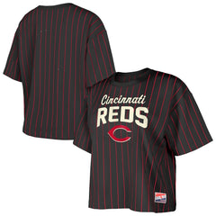 Cincinnati Reds New Era Women's Cooperstown Collection Multiplier Pinstripe Cropped T-Shirt - Black T-shirts