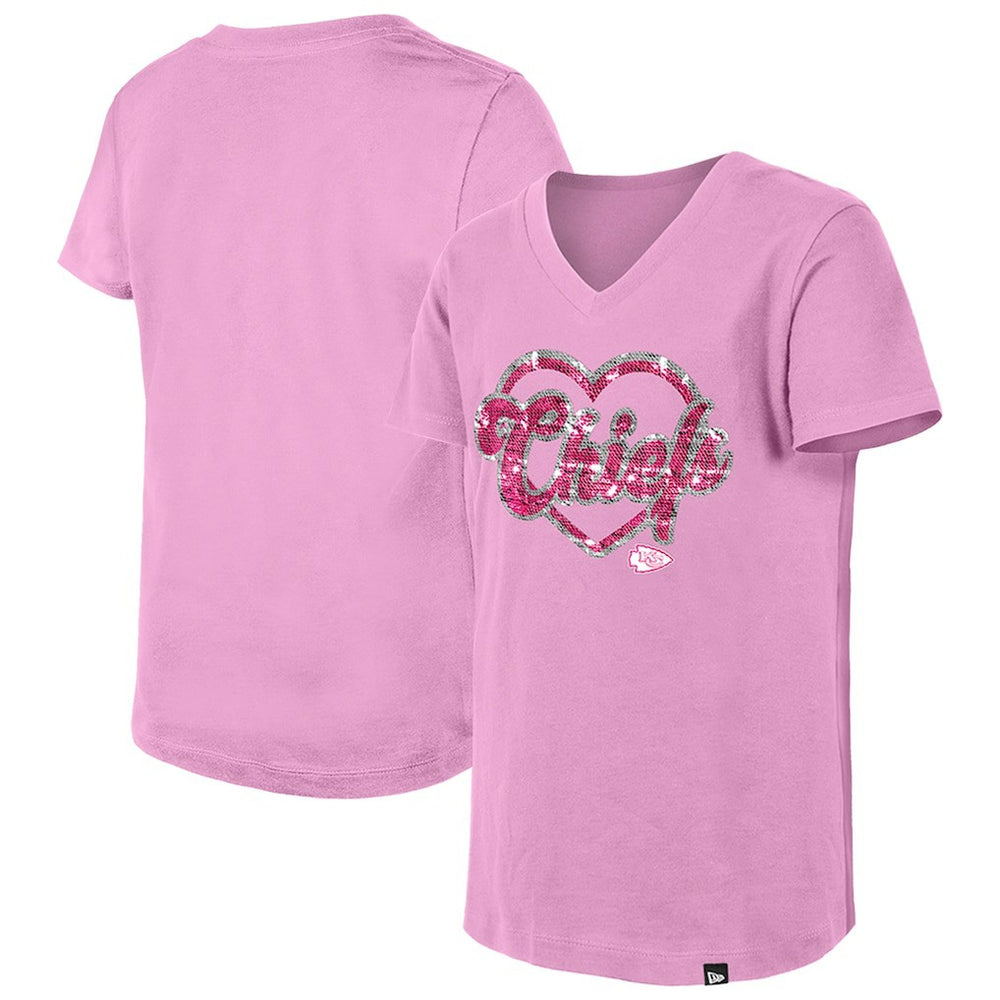 Kansas City Chiefs New Era Girls Youth Flip Sequins V-Neck T-Shirt - Pink T-shirts