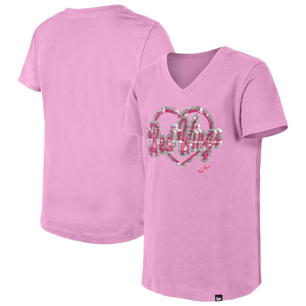 Detroit Red Wings New Era Girl's Youth Flip Sequin V-Neck T-Shirt - Pink | US 201889030