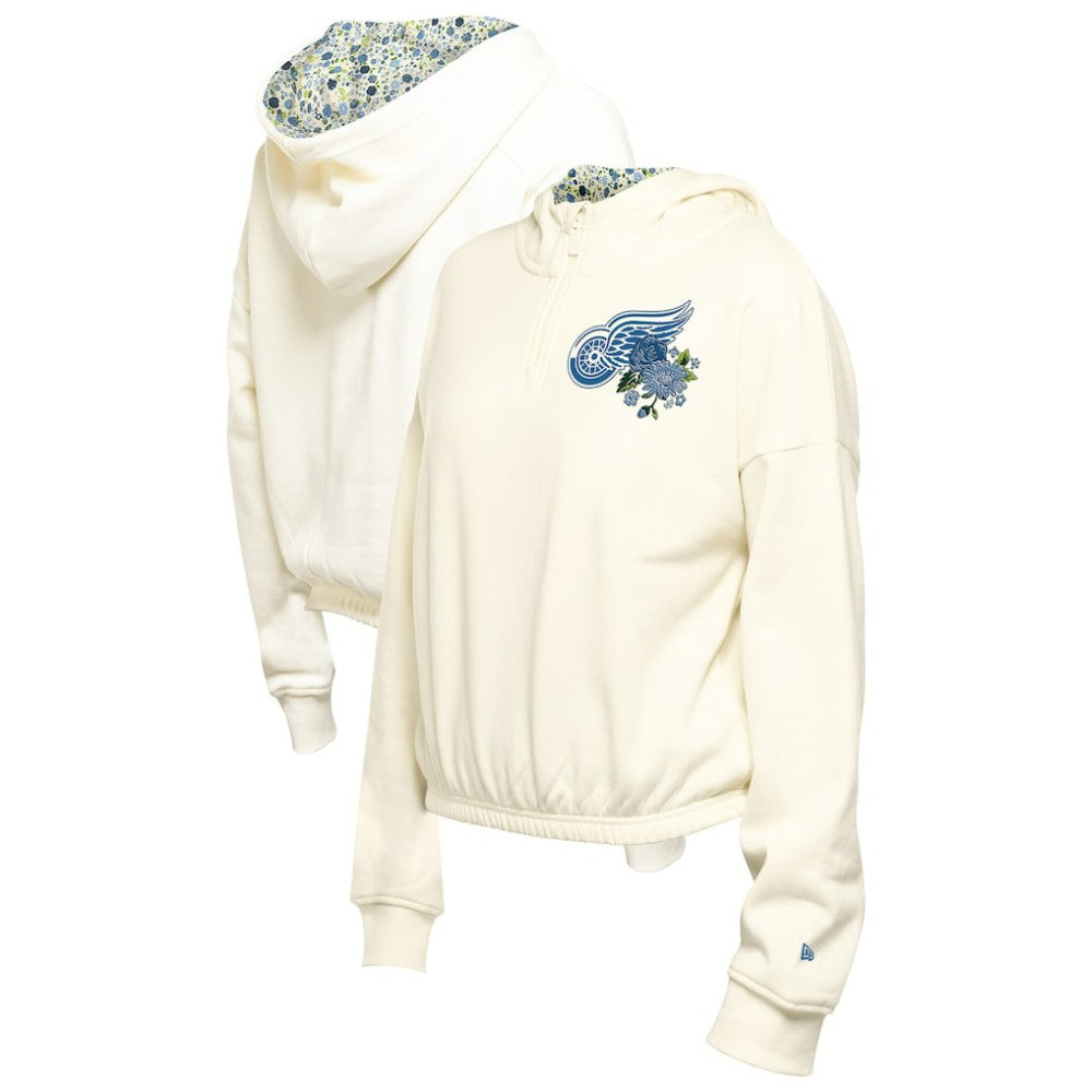 Detroit Red Wings New Era Women's Glam Game Quarter-Zip Cropped Floral Hoodie Pullover - Cream | US 201889116
