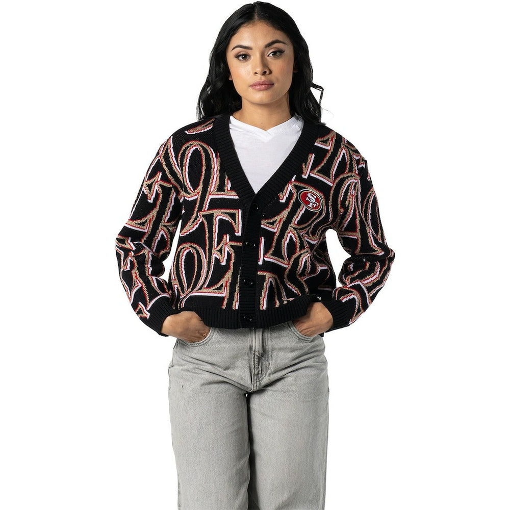 San Francisco 49ers The Wild Collective Women's Cropped Full-Button Cardigan Sweater - Black