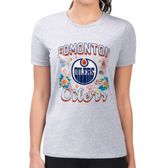 Edmonton Oilers G-III 4Her by Carl Banks Women's Super-Slim Fit Lightweight Flower Logo T-Shirt - Heather Gray | US 201906219